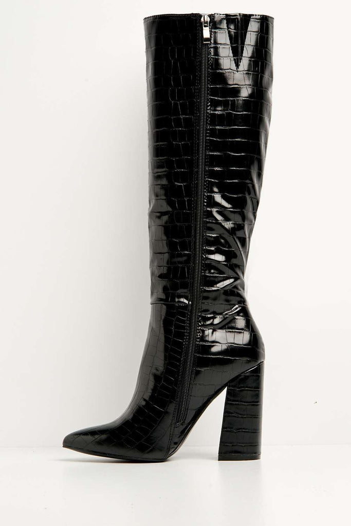 Simran Pointed Toe Knee High Boots with Zip in Black Croc Boots Miss Diva 