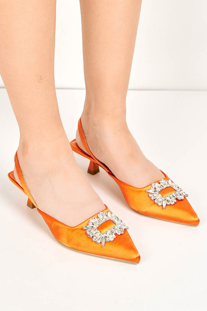 Kitty Diamante Brooch Pointed Toe Court Shoes in Orange Heels Miss Diva 