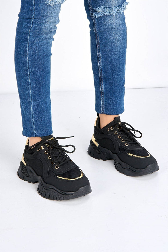 Volos Chunky Sole Gold Trim Trainer in Black Trainers Miss Diva 