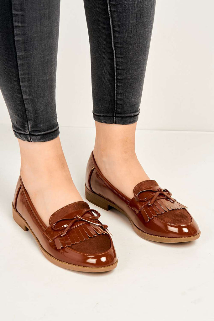 Morgan Fringe Detail Bow Loafers in Camel Flats Miss Diva 