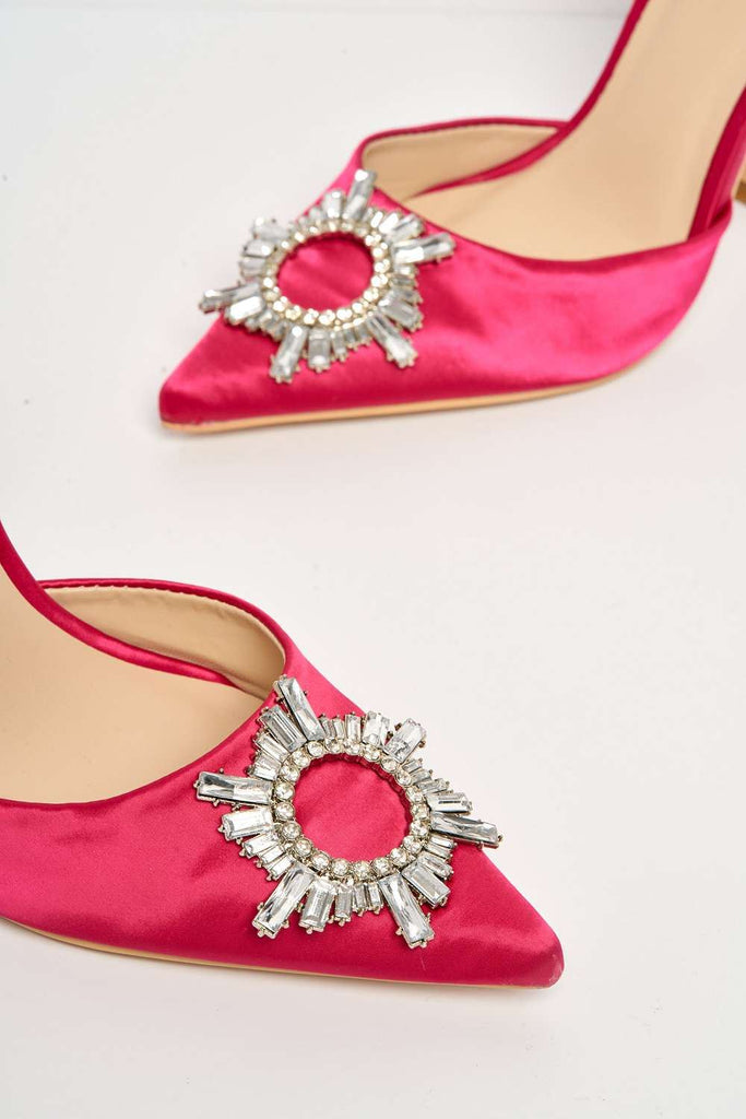 Girona Diamante Brooch Pointed Toe Spool Heel Court Shoe in Fuchsia Heels Miss Diva 