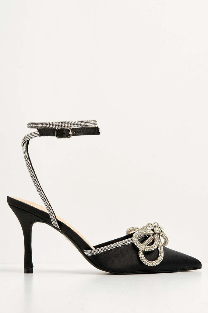 Natalie Pointed Toe Diamante Bow & Strap Court Shoe Heel in Black Satin Heels Miss Diva 