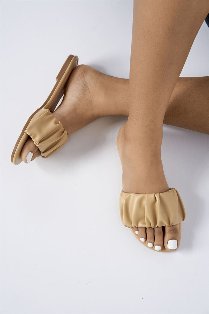 Raye Flat Ruched Sandal in Nude Flats Miss Diva 