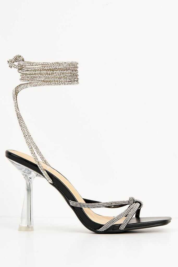 Rama Diamante Embellished Lace-up Heels with Knot Detail in Black Heels Miss Diva 