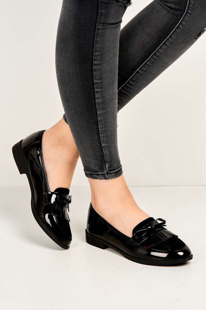 Morgan Fringe Detail Bow Loafers in Black Flats Miss Diva 