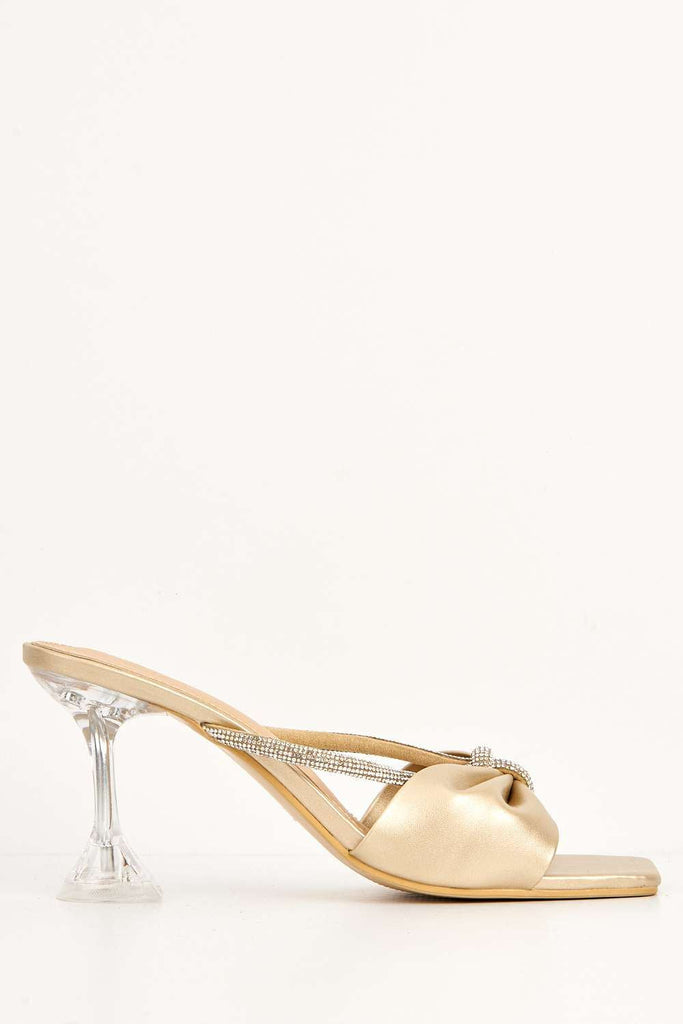 Papillio Diamante Embellished Bow Mules with Perspex Heel in Gold Heels Miss Diva 