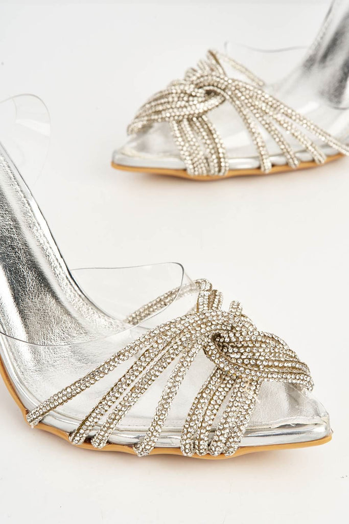 Princezza Diamante Embellished Pointed-Toe Court Shoes in Silver Heels Miss Diva 