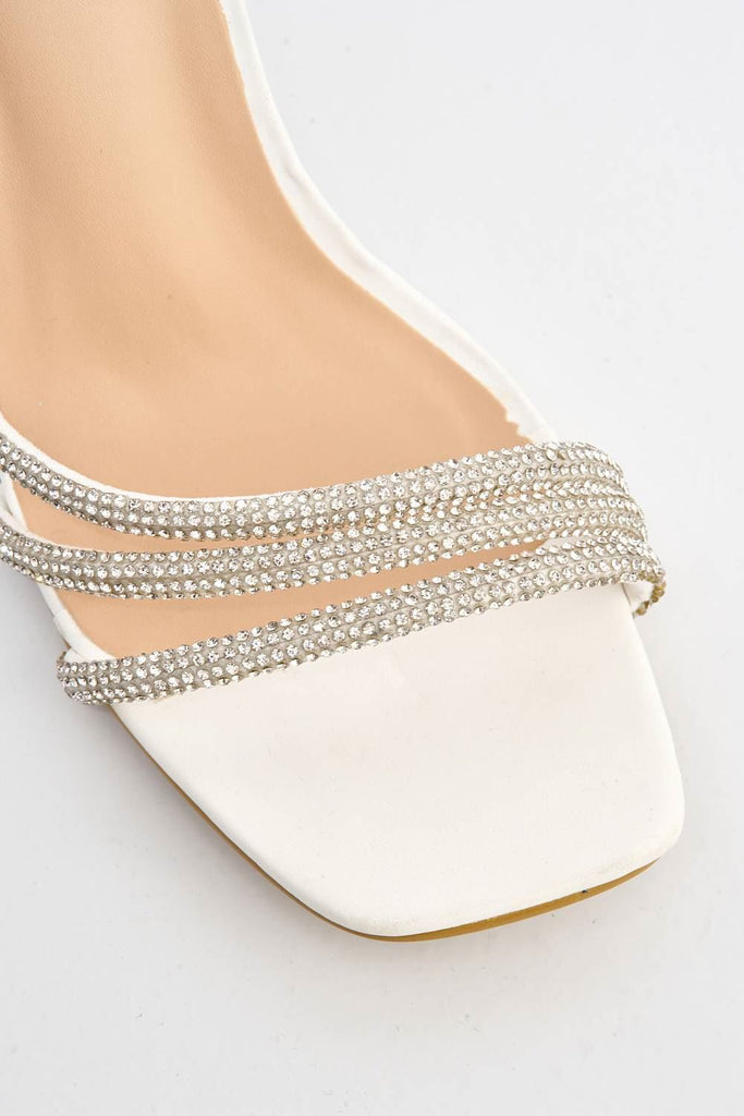 Camina Diamante Embellished 3 Strap Heeled Sandals in White Heels Miss Diva 