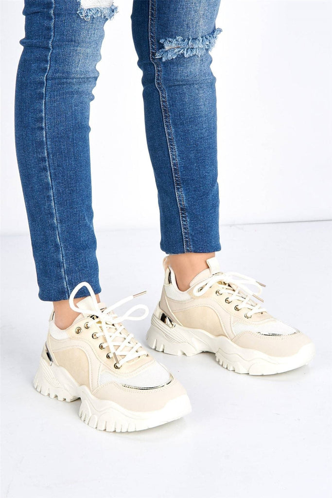 Volos Chunky Sole Gold Trim Trainer in Beige Trainers Miss Diva 