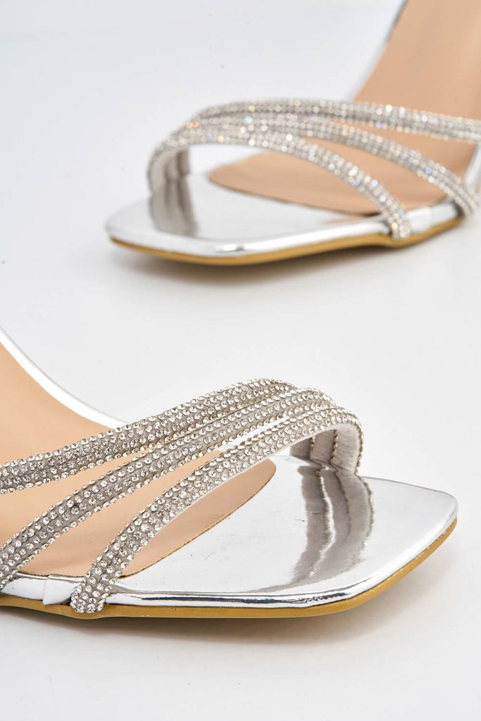 Camina Diamante Embellished 3 Strap Heeled Sandals in Silver Heels Miss Diva 