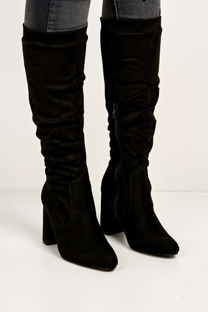 Aphi Knee High Block Heel Boots in Black Suede Boots Miss Diva 