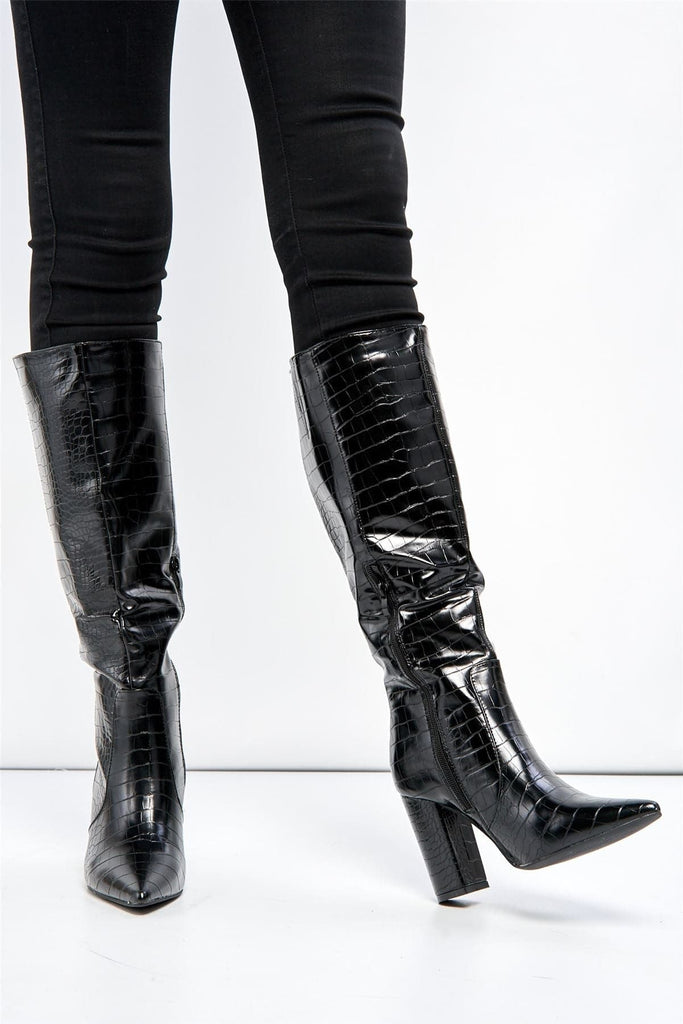 Darya Pointed Toe Knee High Boot with Zip in Black Croc Boots Miss Diva 