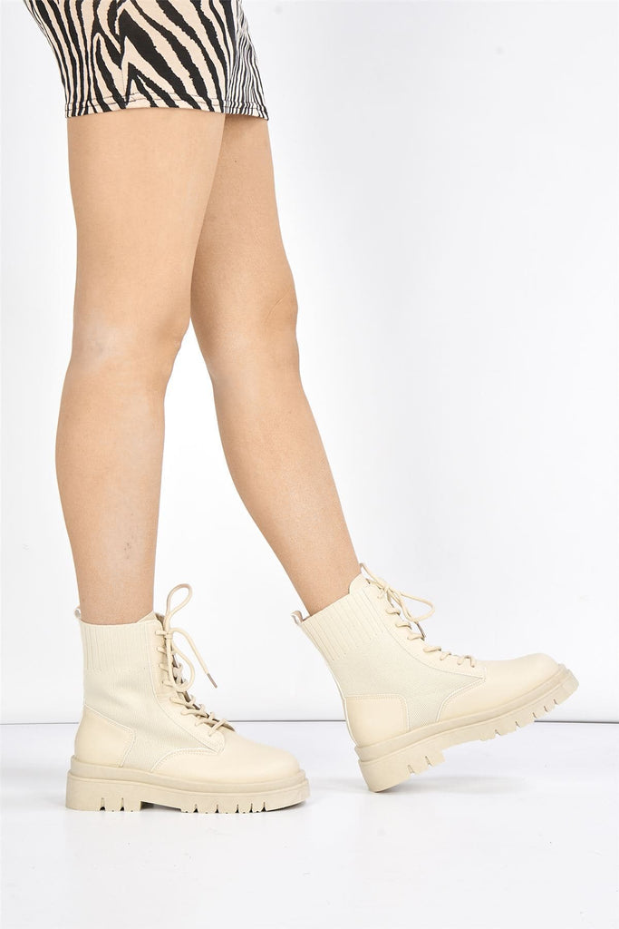 Shoreditch Chunky Lace-up Ankle Boot in Beige Boots Miss Diva 