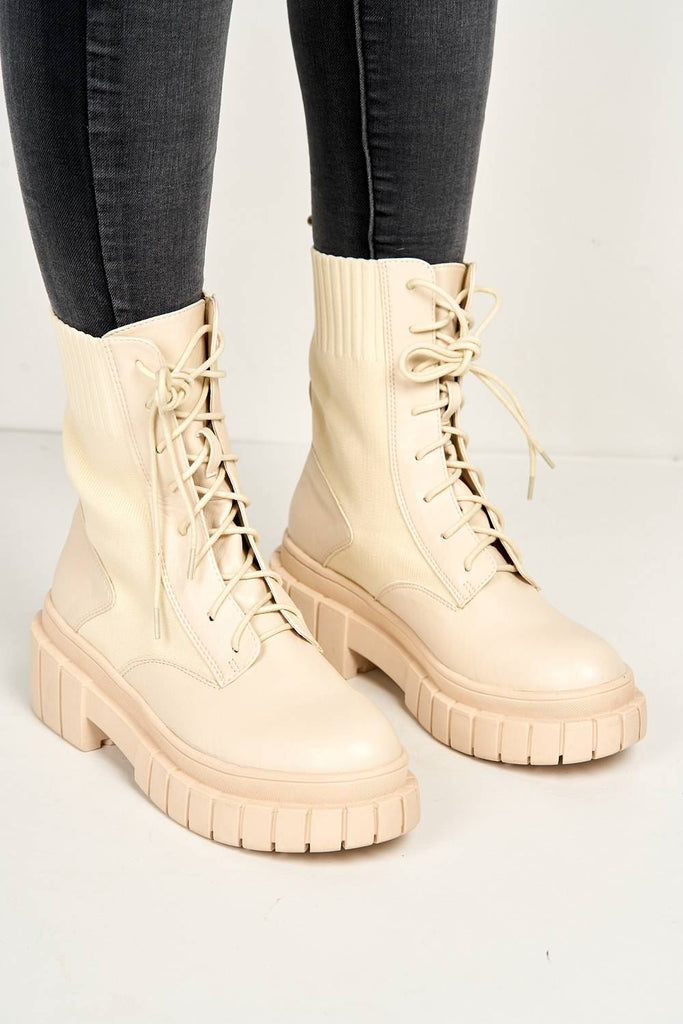 Carrie Chunky Lace-up Ankle Boots in Cream Boots Miss Diva 