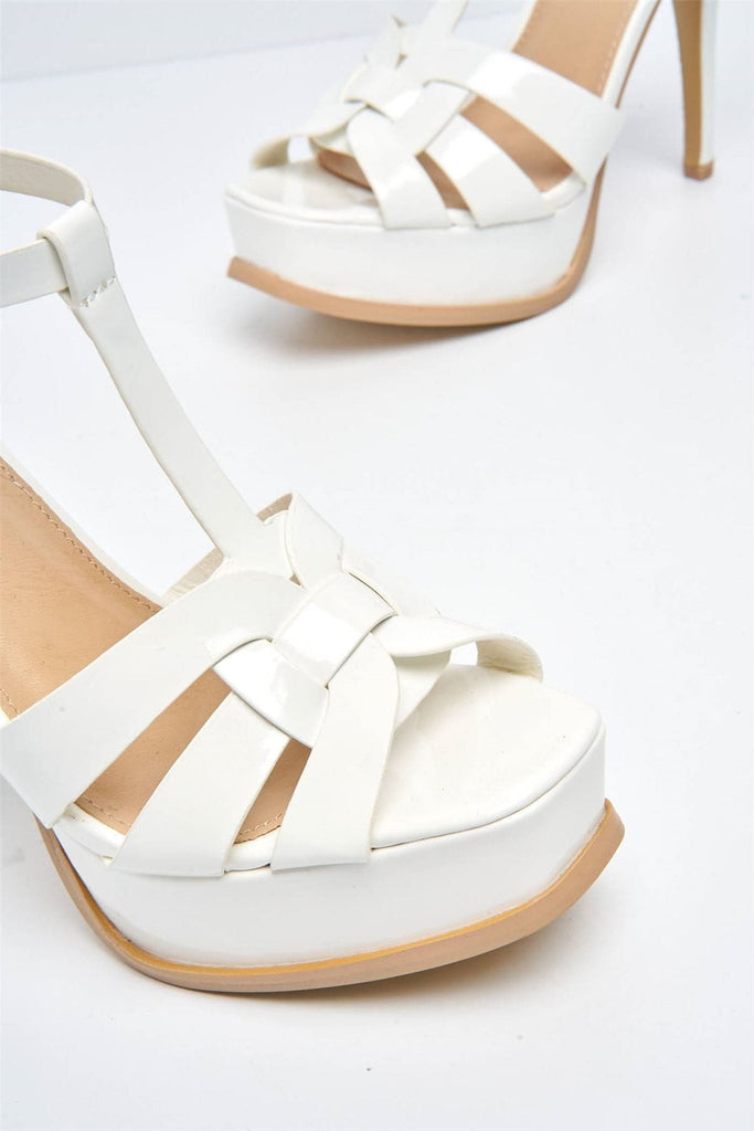 Tani High Platform T-Bar Sandals in White Patent Heels Miss Diva 