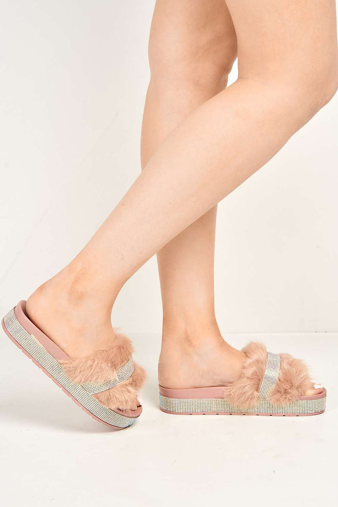 Lula Diamante Embellished Furry Band Rubber Sliders in Pink Flats Miss Diva 