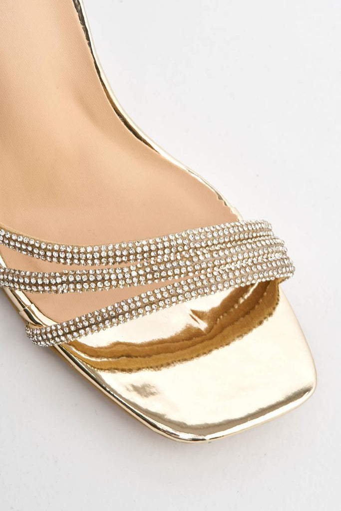 Camina Diamante Embellished 3 Strap Heeled Sandals in Gold Heels Miss Diva 