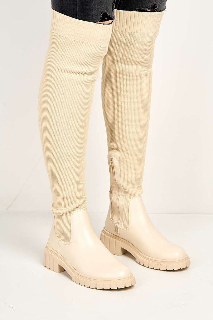 Udrisse Over The Knee Chunky Sock Boots in Beige Knit Boots Miss Diva 