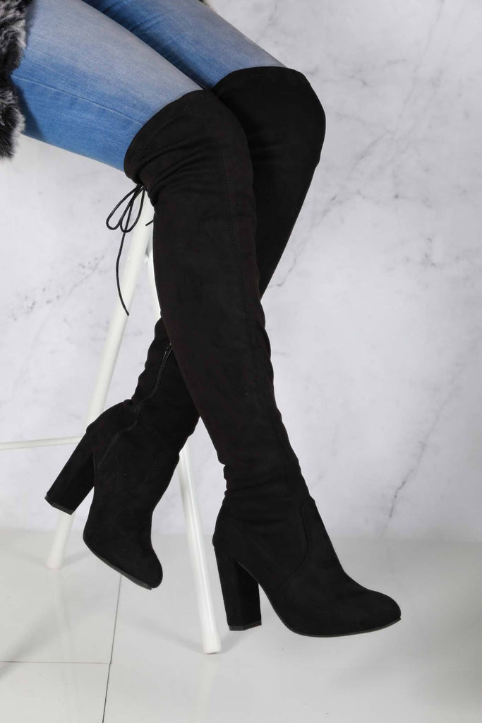 Cinda Block Heel Slim Over Knee Boot In Black Suede Boots Miss Diva 