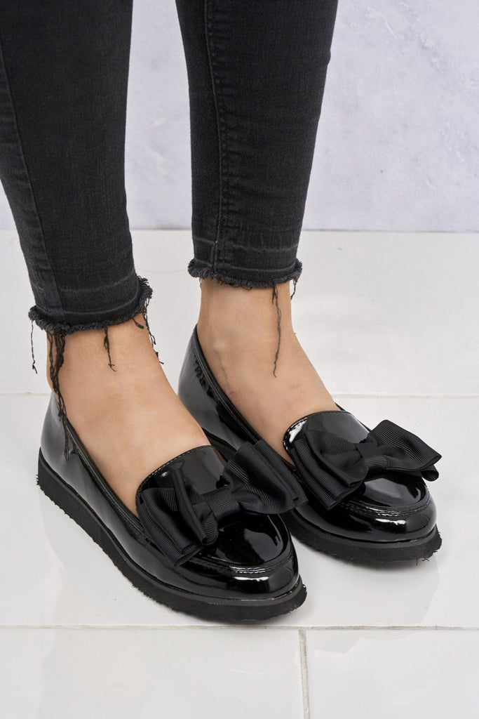 Ada Bow Detail Cleated Flatform Sole Loafers in Black Patent Flats Miss Diva 