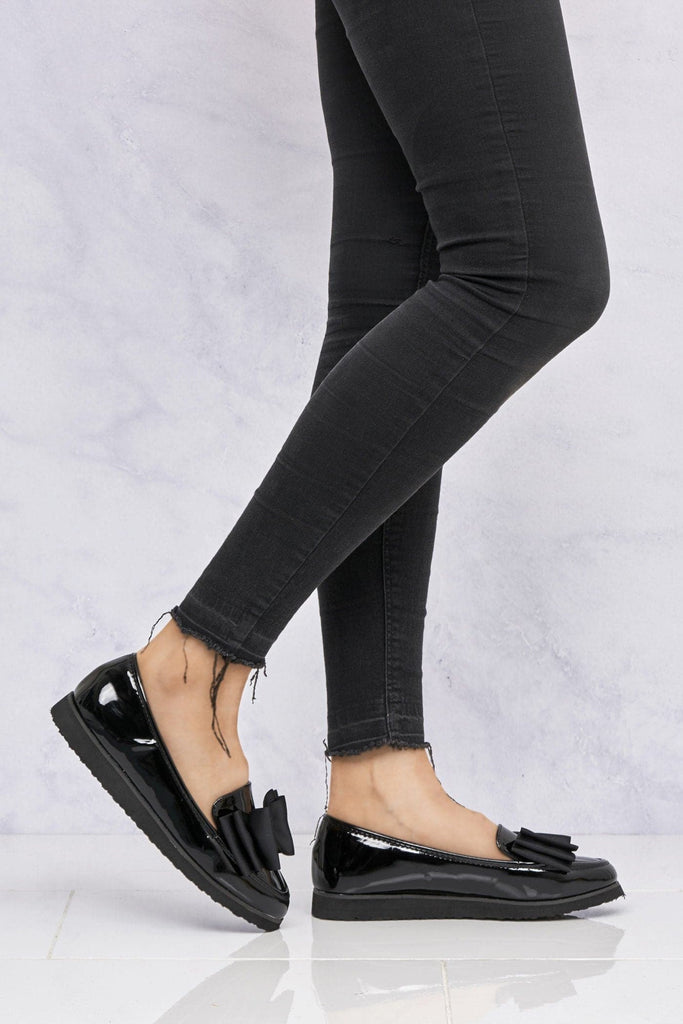 Ada Bow Detail Cleated Flatform Sole Loafers in Black Patent Flats Miss Diva Black Patent 3 
