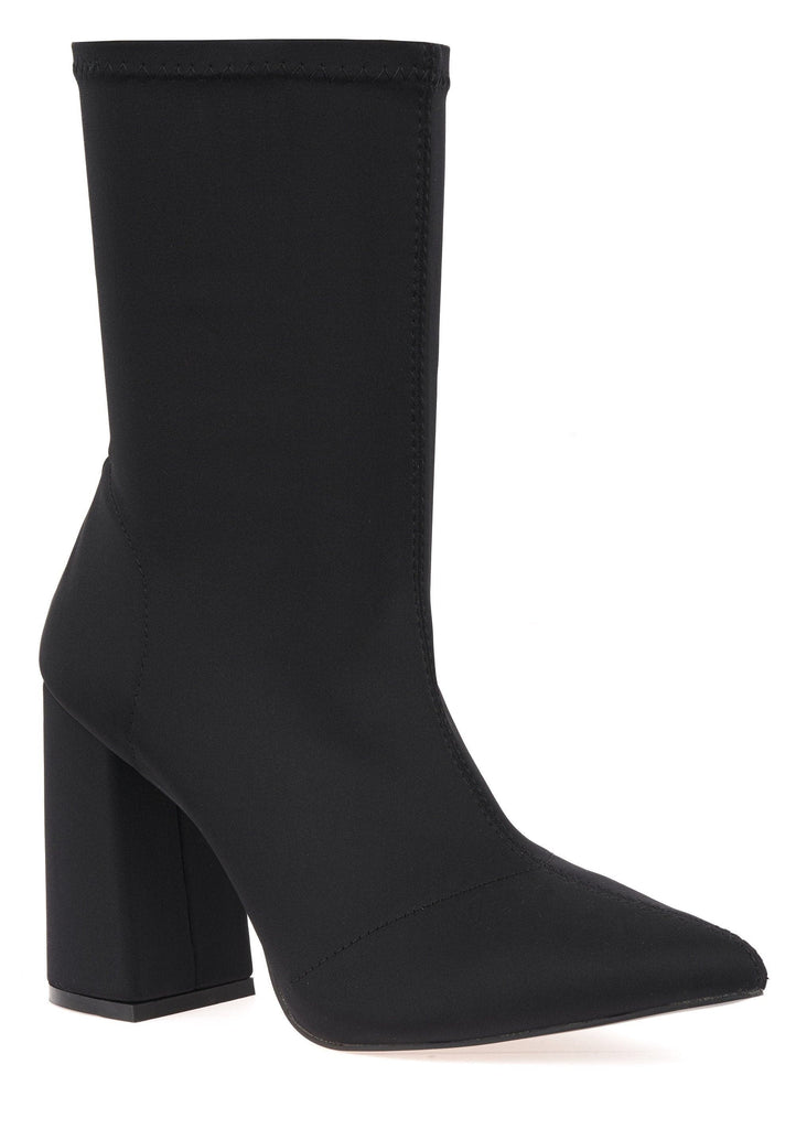 Everly Pointed Toe Flare Heel Calf Boot in Black Lycra Boots Miss Diva 