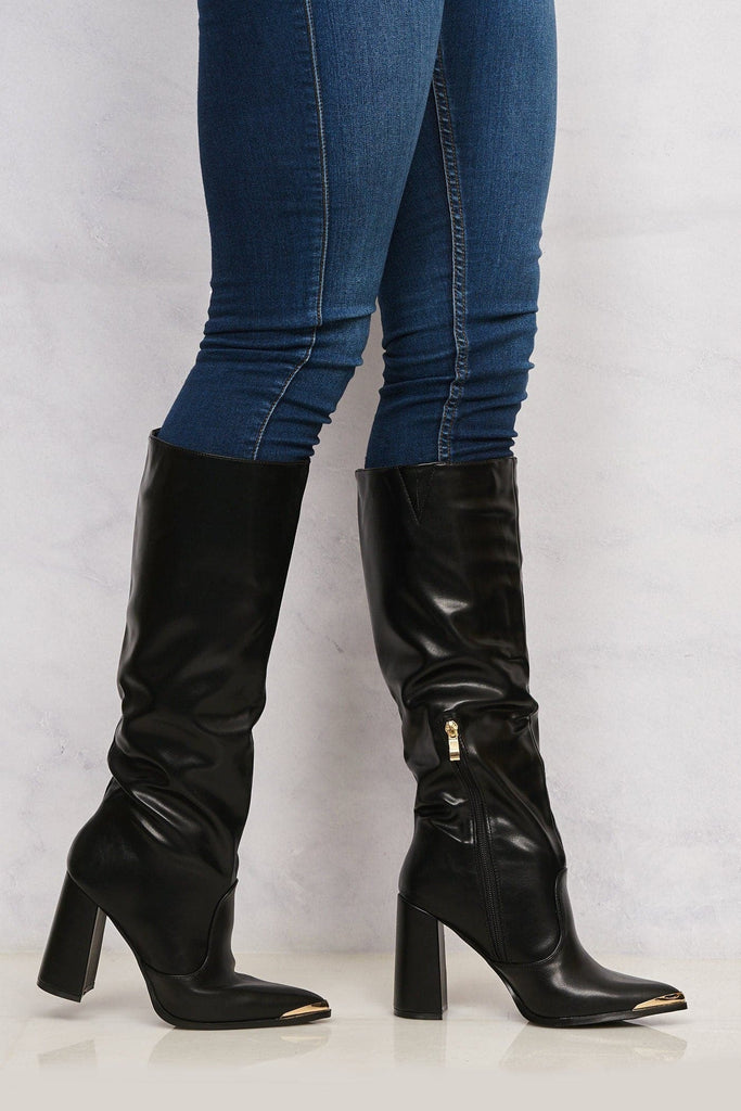 Deena Pointed Toe Gold Trim Knee High Boot in Black Boots Miss Diva 