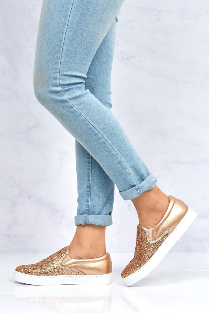 Ritzy Slip On Glitter Skater Pump in Rose Gold Trainers Miss Diva 