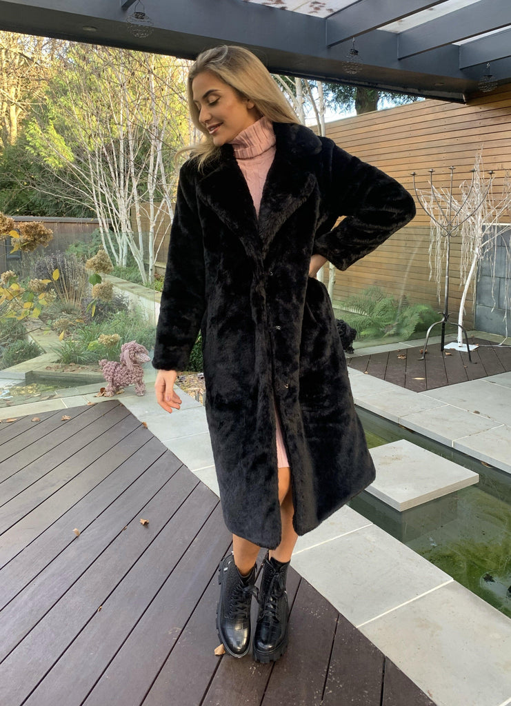 Auora Longline Plush Faux Fur Coat in Black Coats Miss Diva 