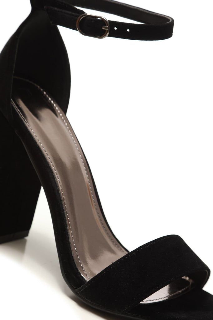 May Barely There Block Heel Ankle Strap Sandal In Black Suede Heels Miss Diva 