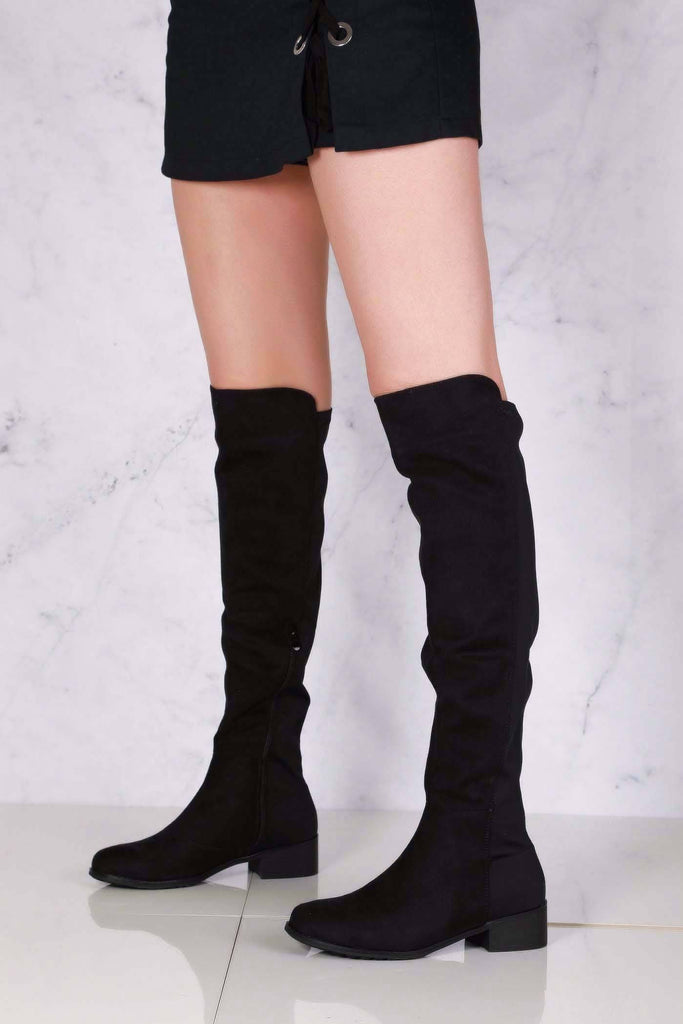 Tyla Over The Knee Elasticated Back Boot in Black Suede Boots Miss Diva 
