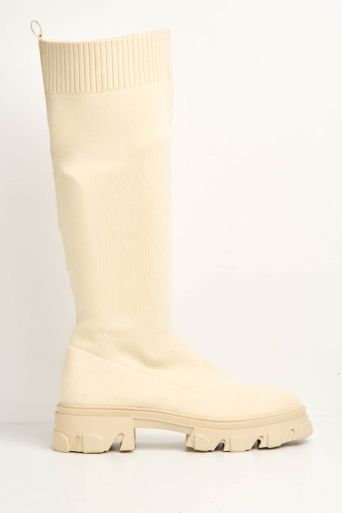 Teega Knee High Knit Fabric Boots with Chunky Sole in Beige Boots Miss Diva 