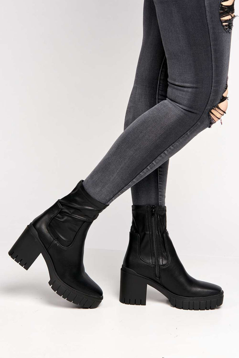 Edna Faux Leather Chunky Block Heel Ankle Boots in Black – Miss Diva - Main Image