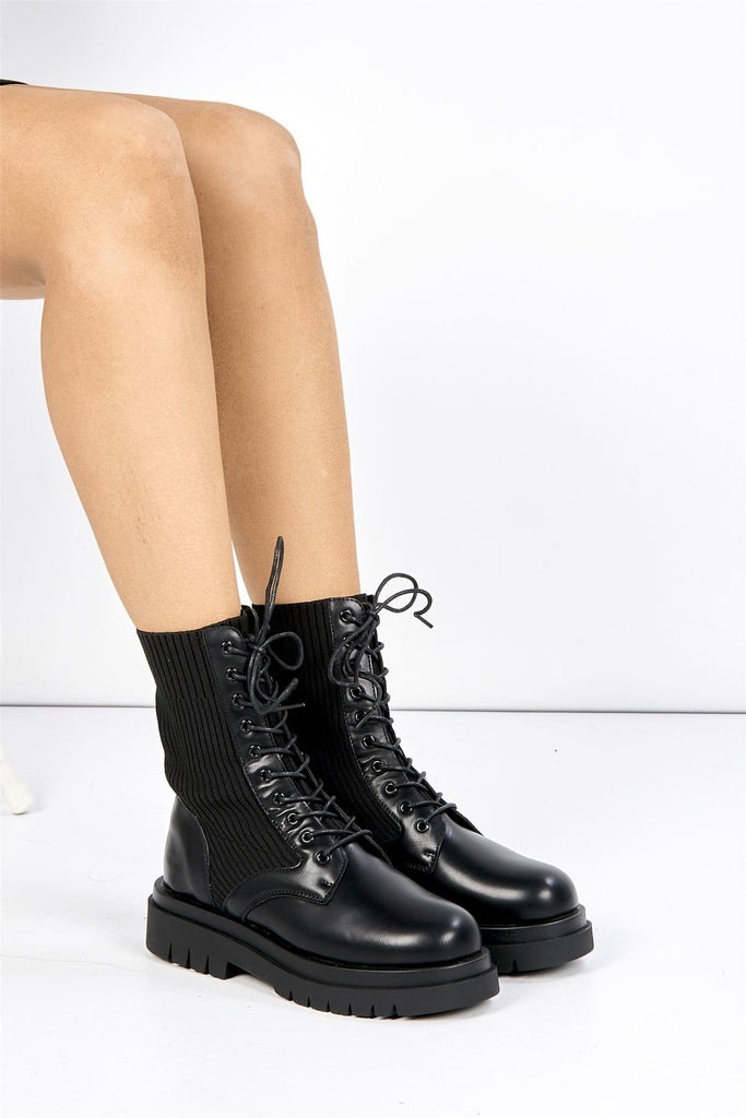 Haniwa Lace-up Ankle Boot in Black Matt Boots Miss Diva 