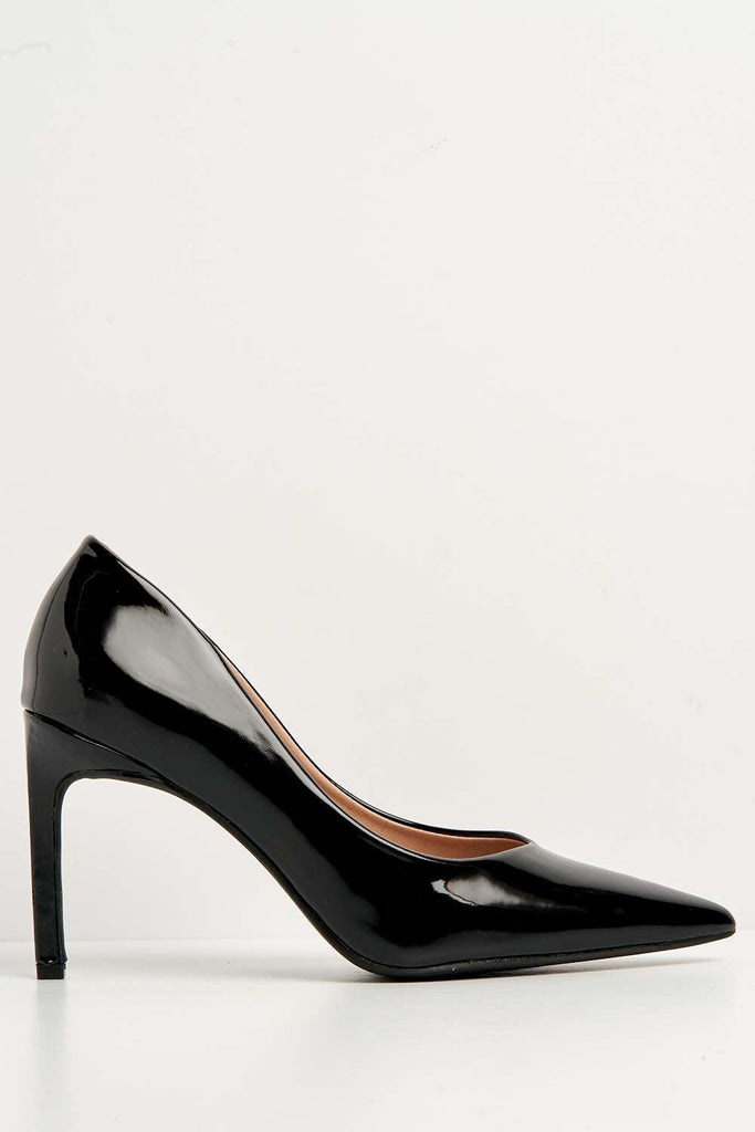 Poppie Pointed Toe Court Shoes in Black Patent Heels Miss Diva 