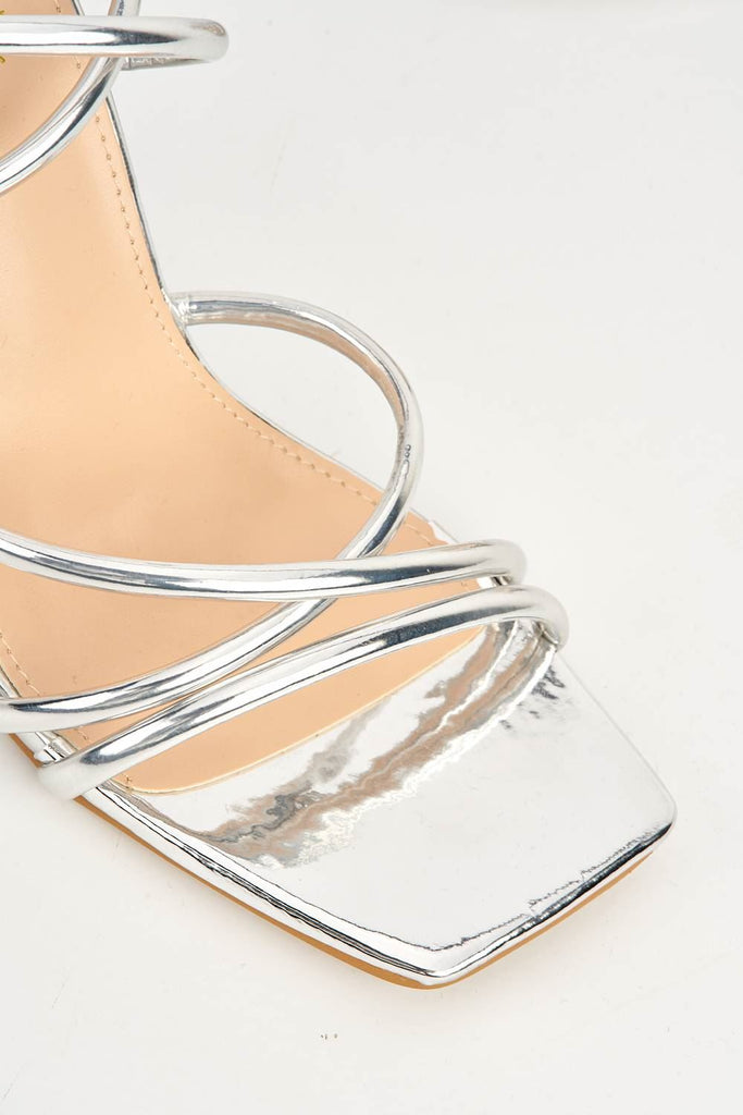 Chania Thick Strappy Block Heel Sandal in Silver Heels Miss Diva 