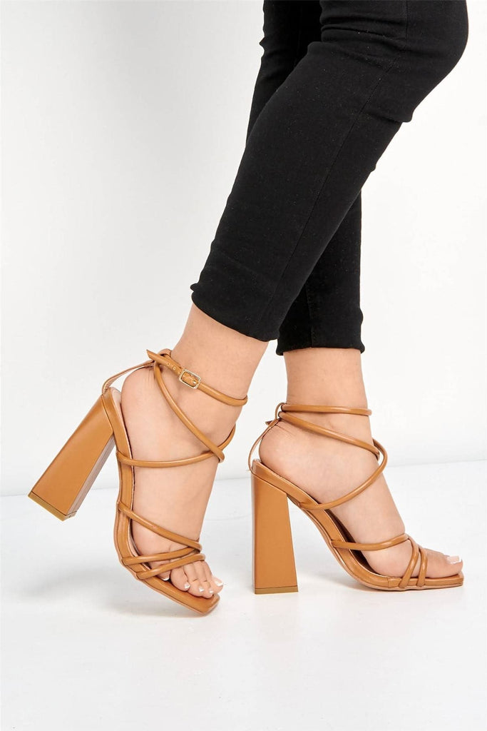 Chania Thick Strappy Block Heel Sandal in Camel Heels Miss Diva 