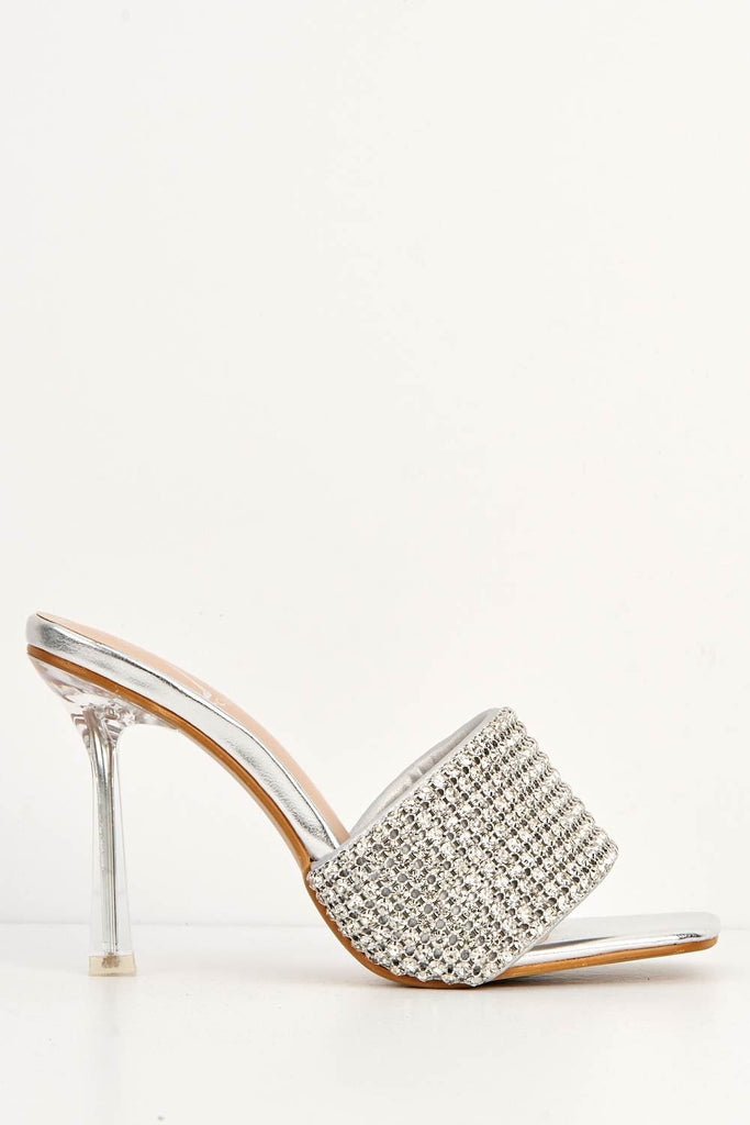 Gemme Thick Perspex Heel Diamante Embellished Band Mules in Silver Heels Miss Diva 