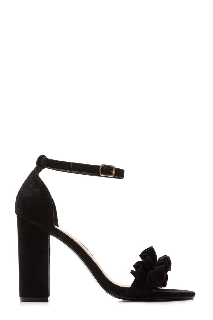 Ally Frill Detailed Anklestrap Sandal in Black Suede Heels Miss Diva 