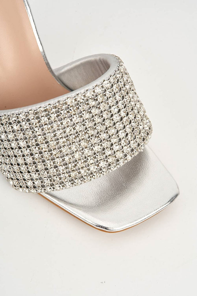 Gemme Thick Perspex Heel Diamante Embellished Band Mules in Silver Heels Miss Diva 