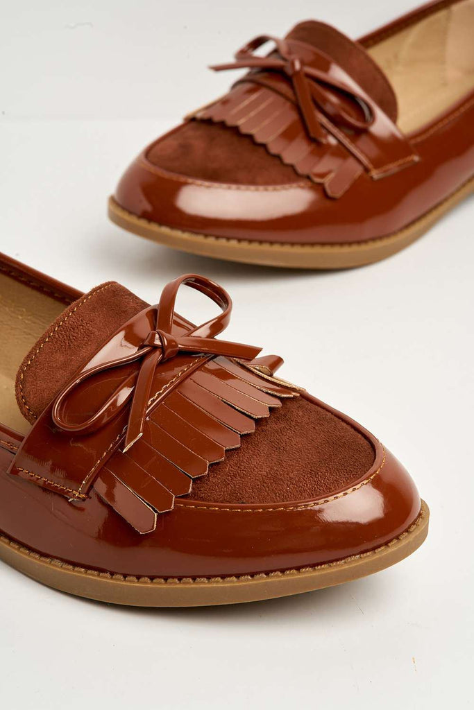 Morgan Fringe Detail Bow Loafers in Camel Flats Miss Diva 