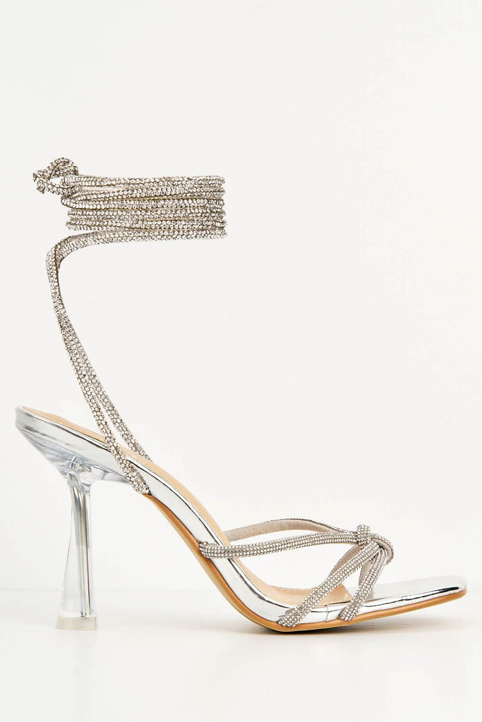 Rama Diamante Embellished Lace-up Heels with Knot Detail in Silver Heels Miss Diva 