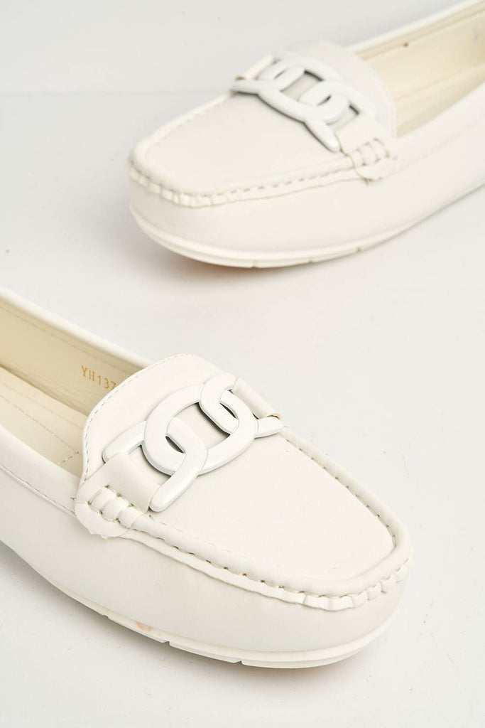 Kristin Flat Square Toe Loafers with Chain Detail in White Flats Miss Diva 