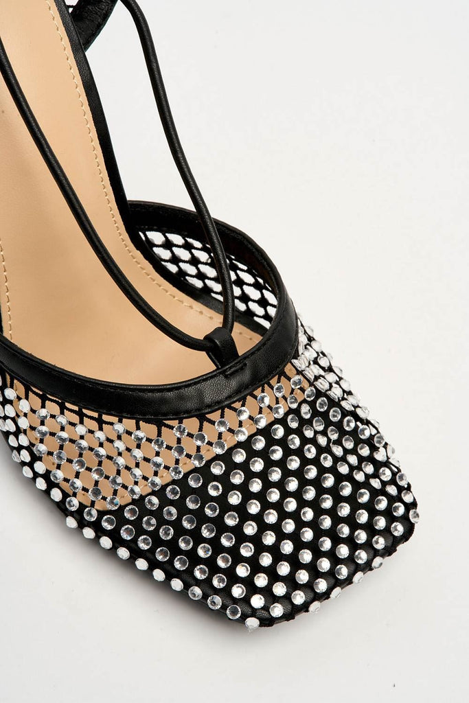 Rosalyn Mesh & Gemstone Detail Lace-up Heel in Black Heels Miss Diva 