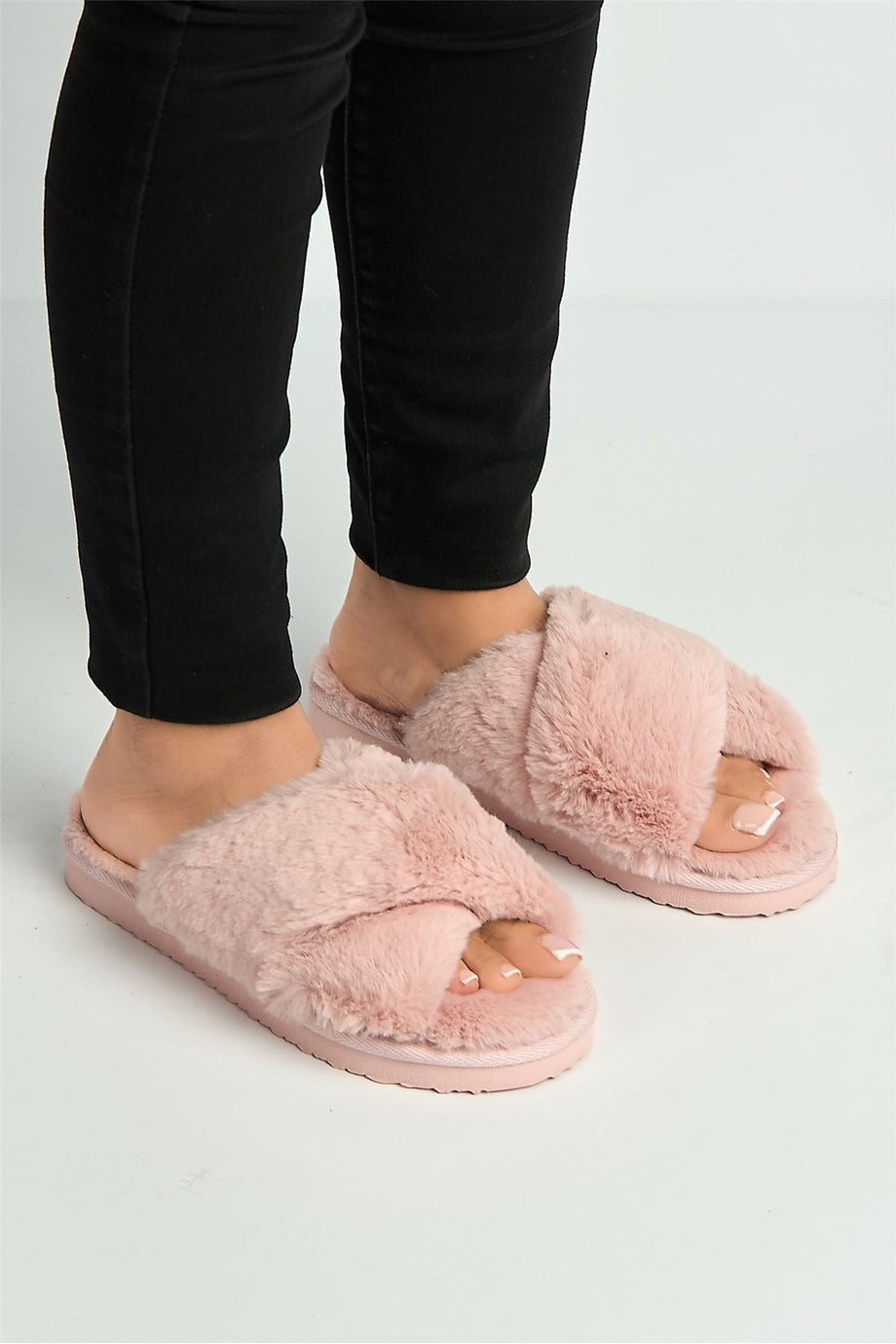 Wren Fluffy Crossover Strap Slippers in Pink – Miss Diva