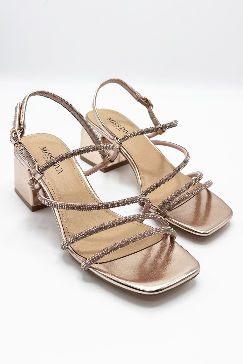 Irene Diamante Embellished Strap Block Heel Sandals in Rose Gold