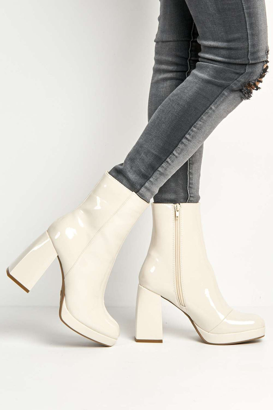 Vivika Side Zip Bock Heel Ankle Boots in Off-White – Miss Diva