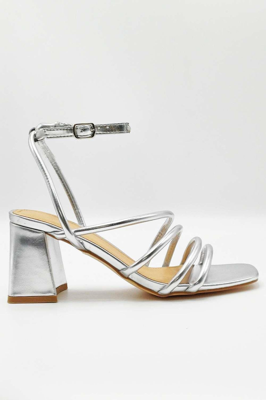 Milena Square Toe Strappy Block Heel Sandals in Silver – Miss Diva
