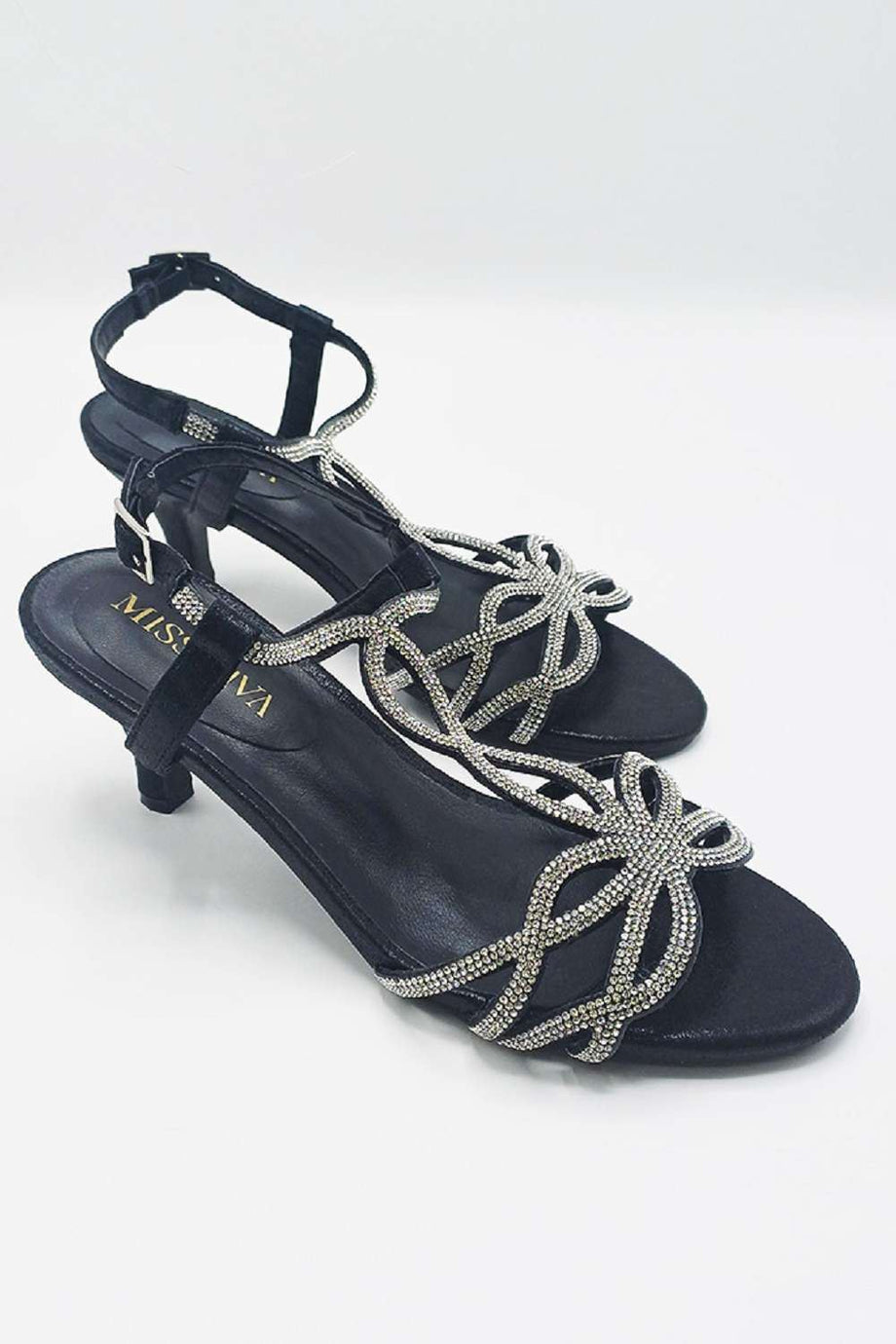 Lumina Low Heel Diamante Swirl Sandal in Black – Miss Diva