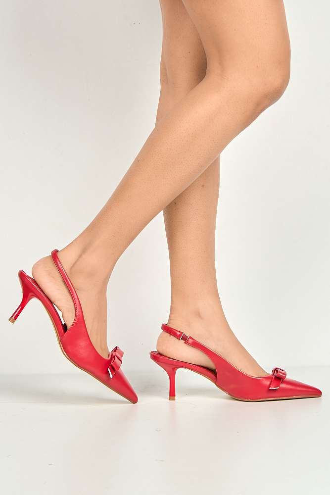 Cheri Bow Detail Kitten Heel Slingback Court Shoes in Red – Miss Diva